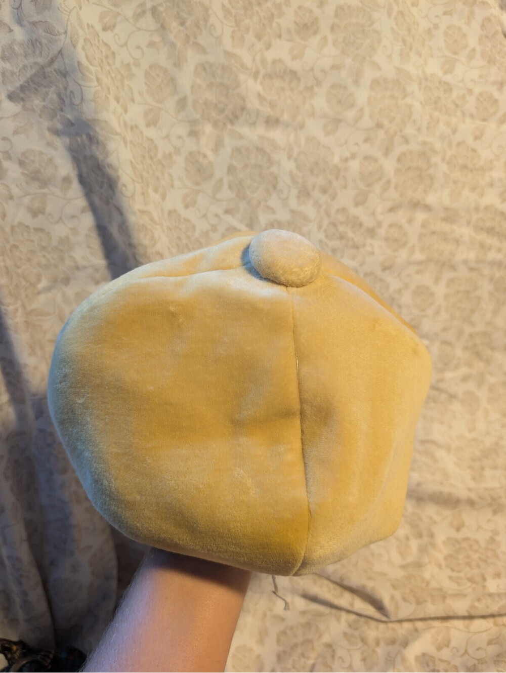 Vintage Yellow Velvet Beret Style Hat with Satin Lining